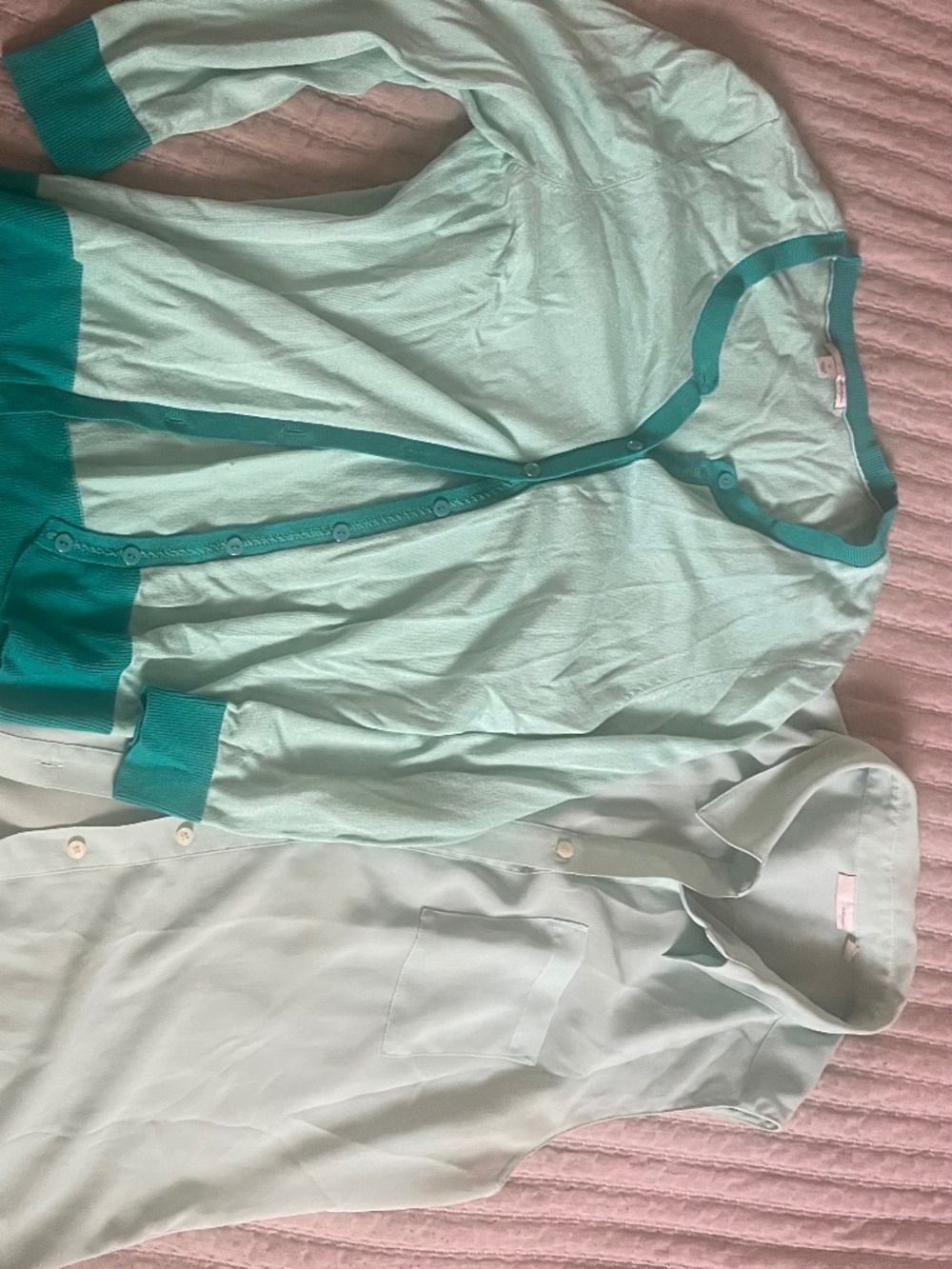 Teal matching cotton cardigan and sleeveless shirts